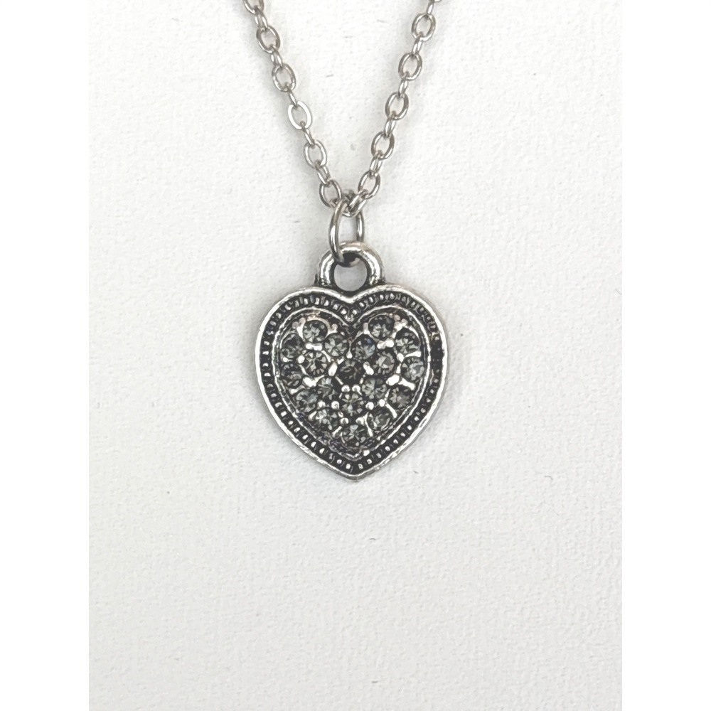 Silver Tone Pavé Rhinestone Heart Pendant Necklace Antiqued Grey Crystals